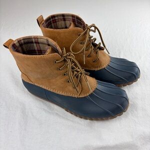 Henry Ferrera Women’s Tan Navy Faux Leather Lace Up Duck Boots sz. 8